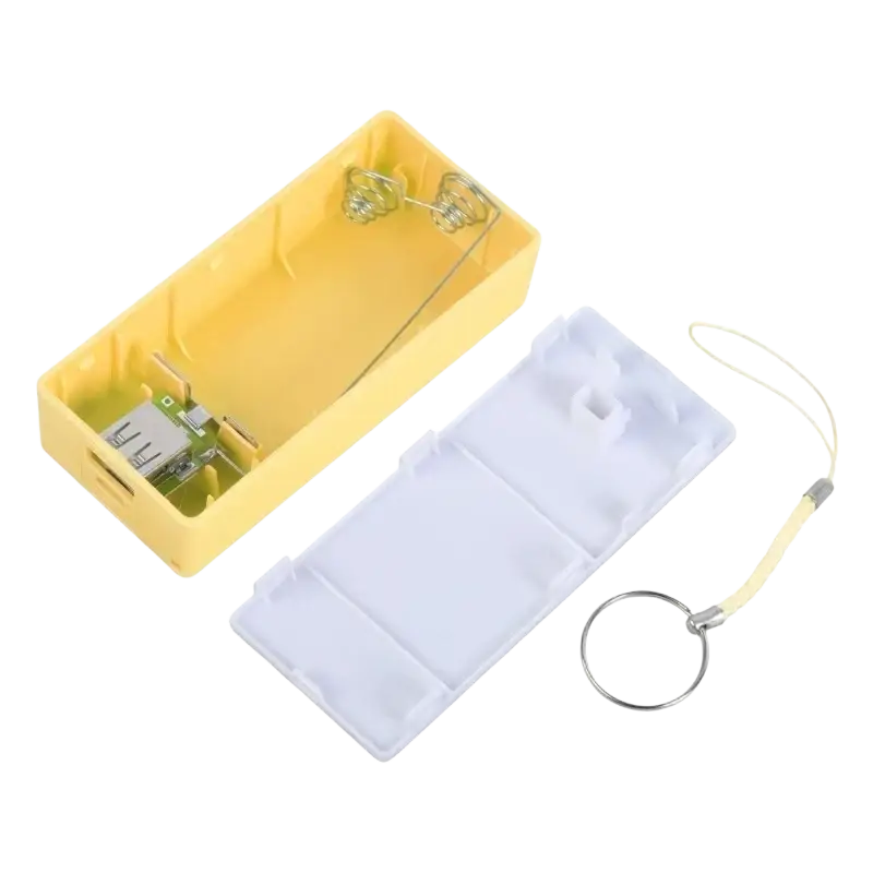 Yellow plastic power bank diy 18650 battery case with white lid and keychain for portable charging storage