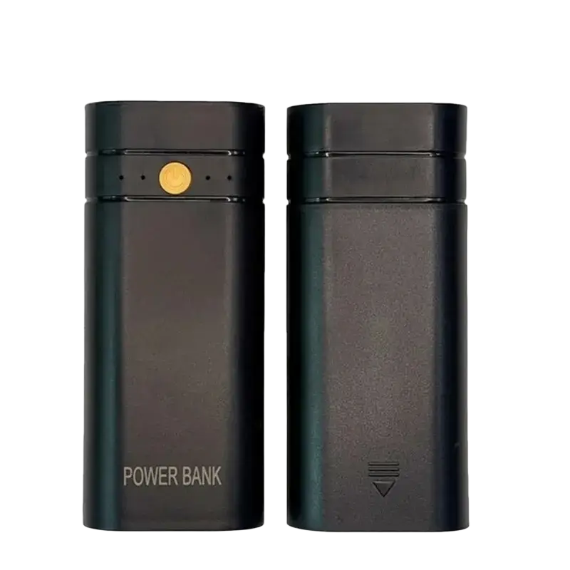 Black rectangular power bank diy charging box with usb type-c 18650 case featuring a gold button and matte finish