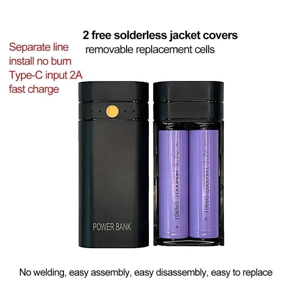 Black rectangular power bank diy charging box with gold button usb type-c shown with purple 18650 batteries and open case