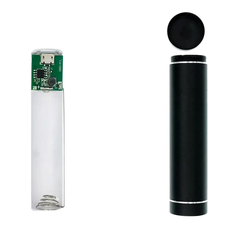 Black cylindrical power bank diy kit 5v 1a with silver accents and removable cap revealing usb ports and battery case