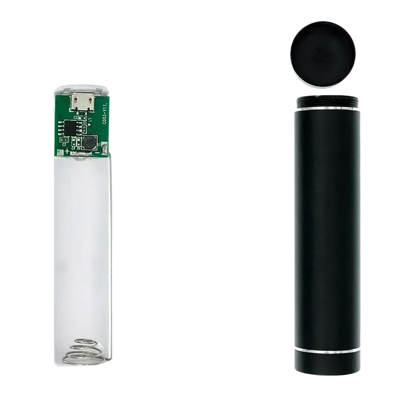 Black cylindrical power bank diy kit with silver accents and circular top cap for 5v 1a 18650 battery case