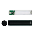 Black cylindrical power bank diy kit with silver trim and transparent casing showing internal 5v 1a circuit board