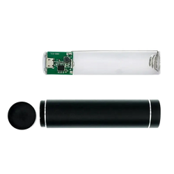 Black cylindrical power bank diy kit with silver trim and transparent casing showing internal 5v 1a circuit board