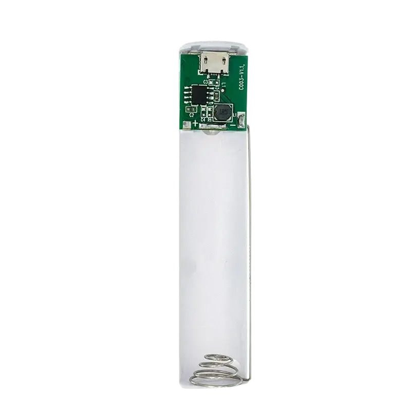 Transparent cylindrical power bank diy kit with green circuit board usb port and silver coil for 5v 1a 18650 battery use