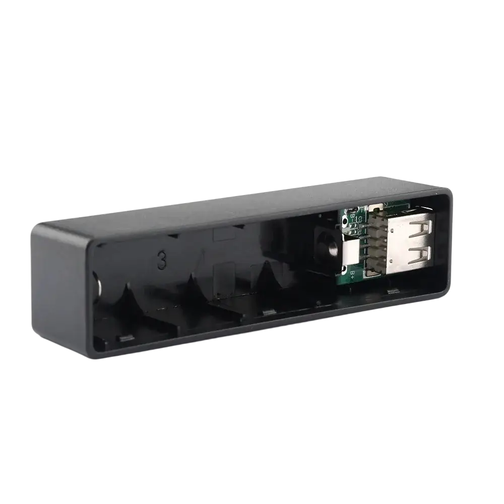 Black rectangular diy portable mobile power bank case with visible internal circuit board and usb ports for 18650 battery