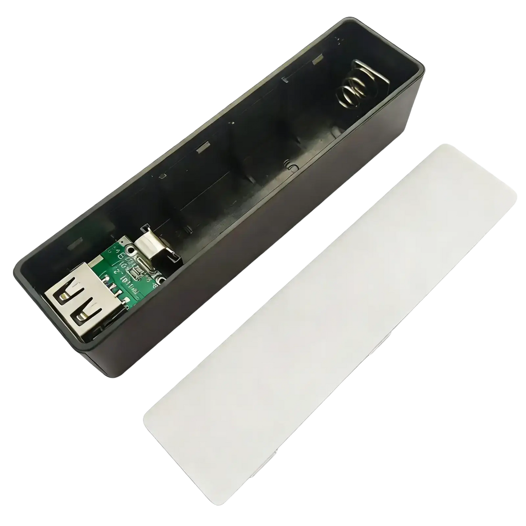 Black rectangular power bank diy portable mobile case with white lid, internal usb port, and circuit board for 18650 battery
