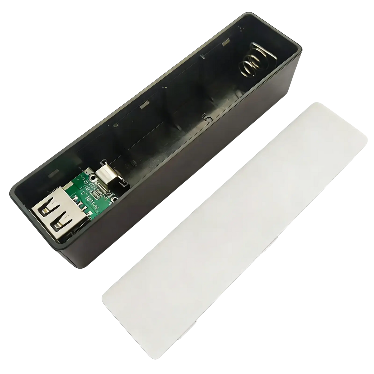 Black rectangular power bank diy portable mobile case with white lid and internal usb port for 18650 battery