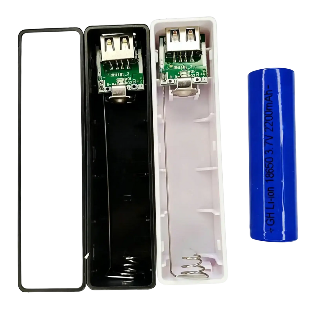 Black and white portable mobile power bank diy case with usb ports spring mechanism and blue 18650 lithium-ion battery