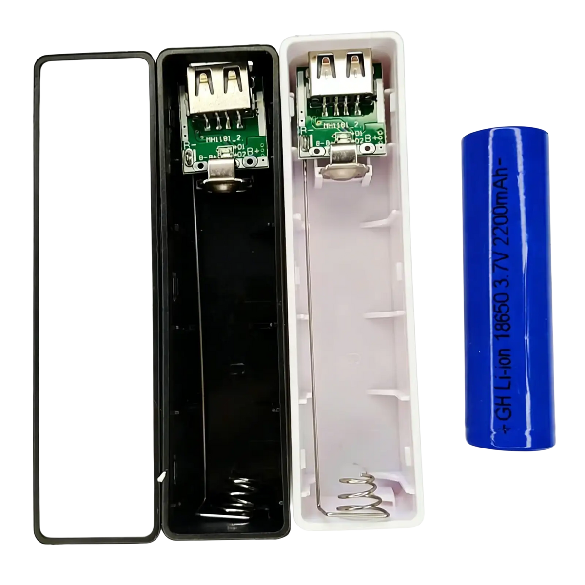 Black and white diy portable mobile power bank case with internal circuitry and a blue 18650 lithium-ion battery beside it