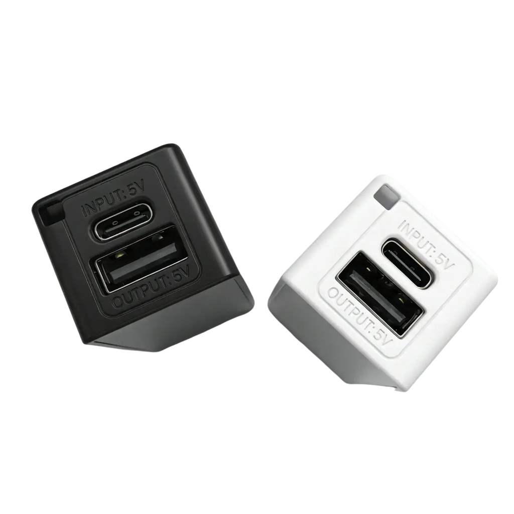 Black and white cube-shaped usb wall chargers with dual ports for portable mobile power bank diy mobile power use