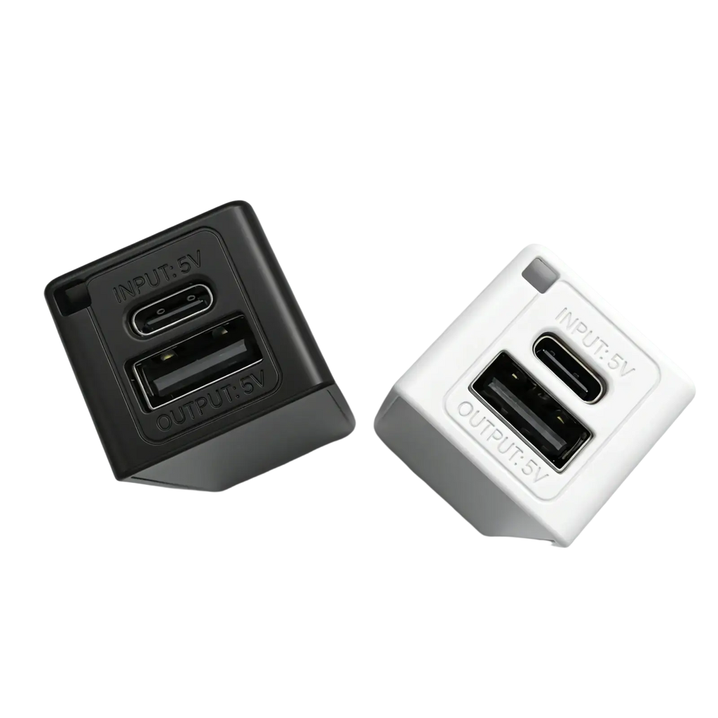 Black and white cube-shaped power bank diy portable mobile case with dual usb-c and usb-a ports for 18650 battery