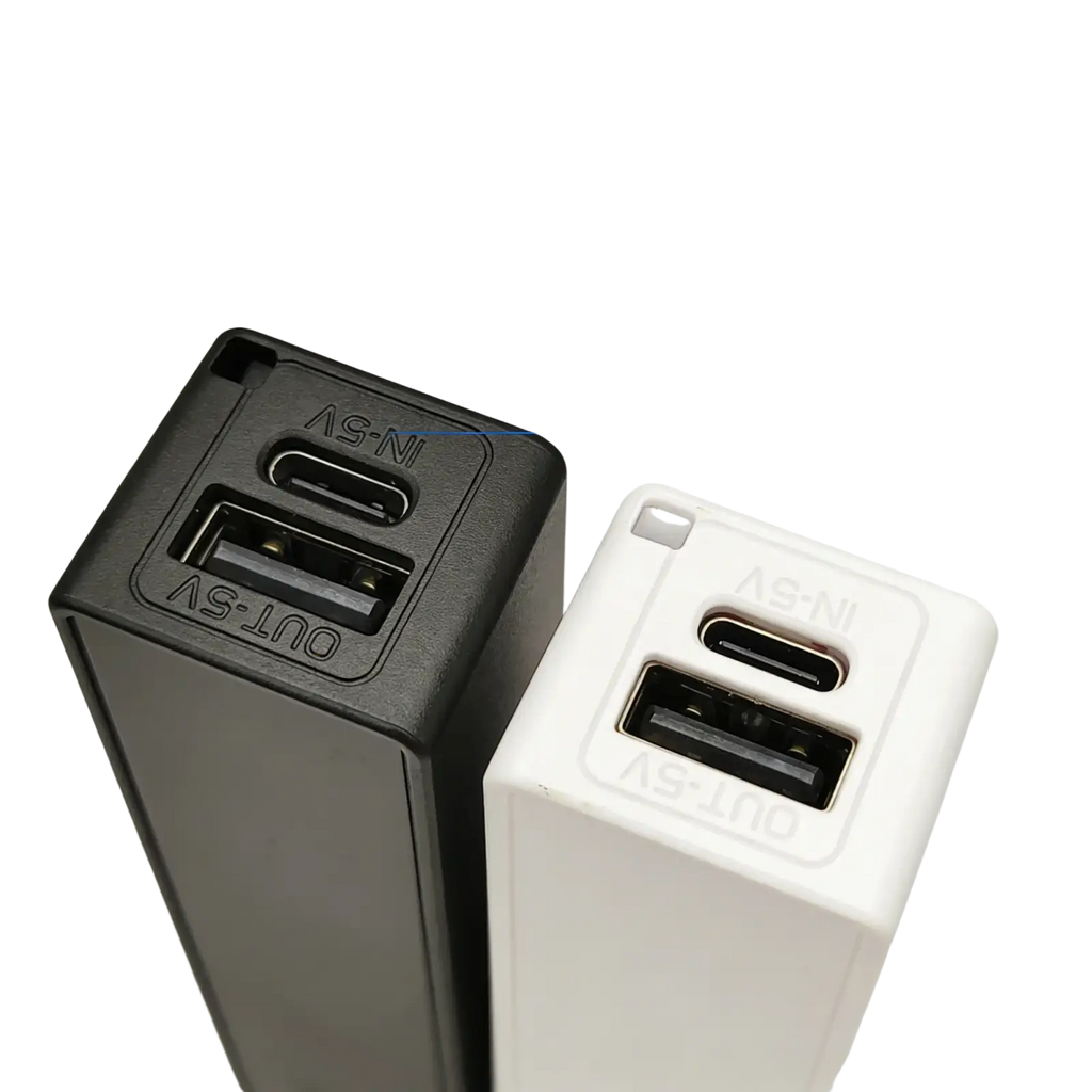 Black and white dual port fast charger with type-c input and usb output for diy portable mobile power bank case