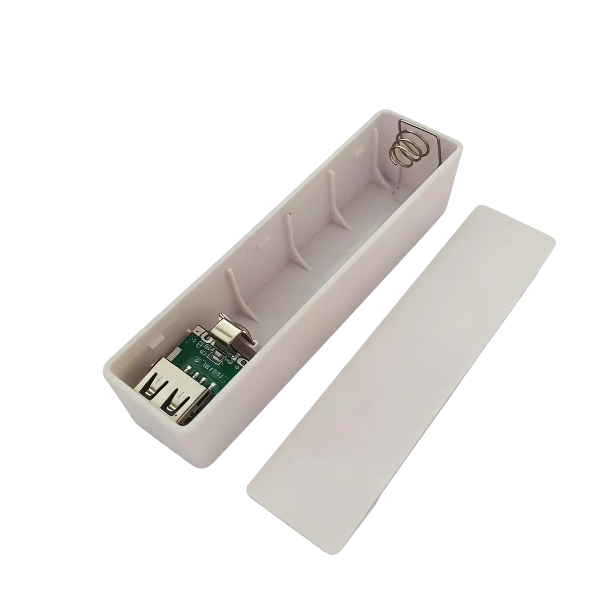 White rectangular diy portable mobile power bank case for 18650 battery with usb port and visible internal circuit board