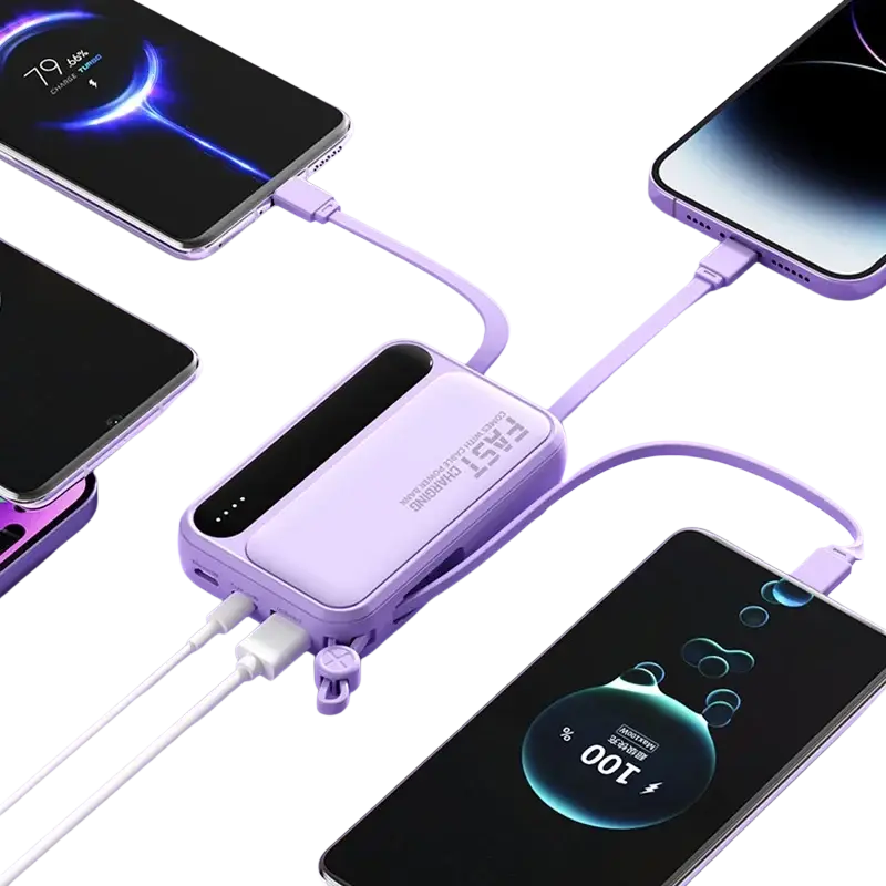 Lavender-colored power bank with 30000mah capacity, built-in cables, multiple ports, and super fast charging led indicator