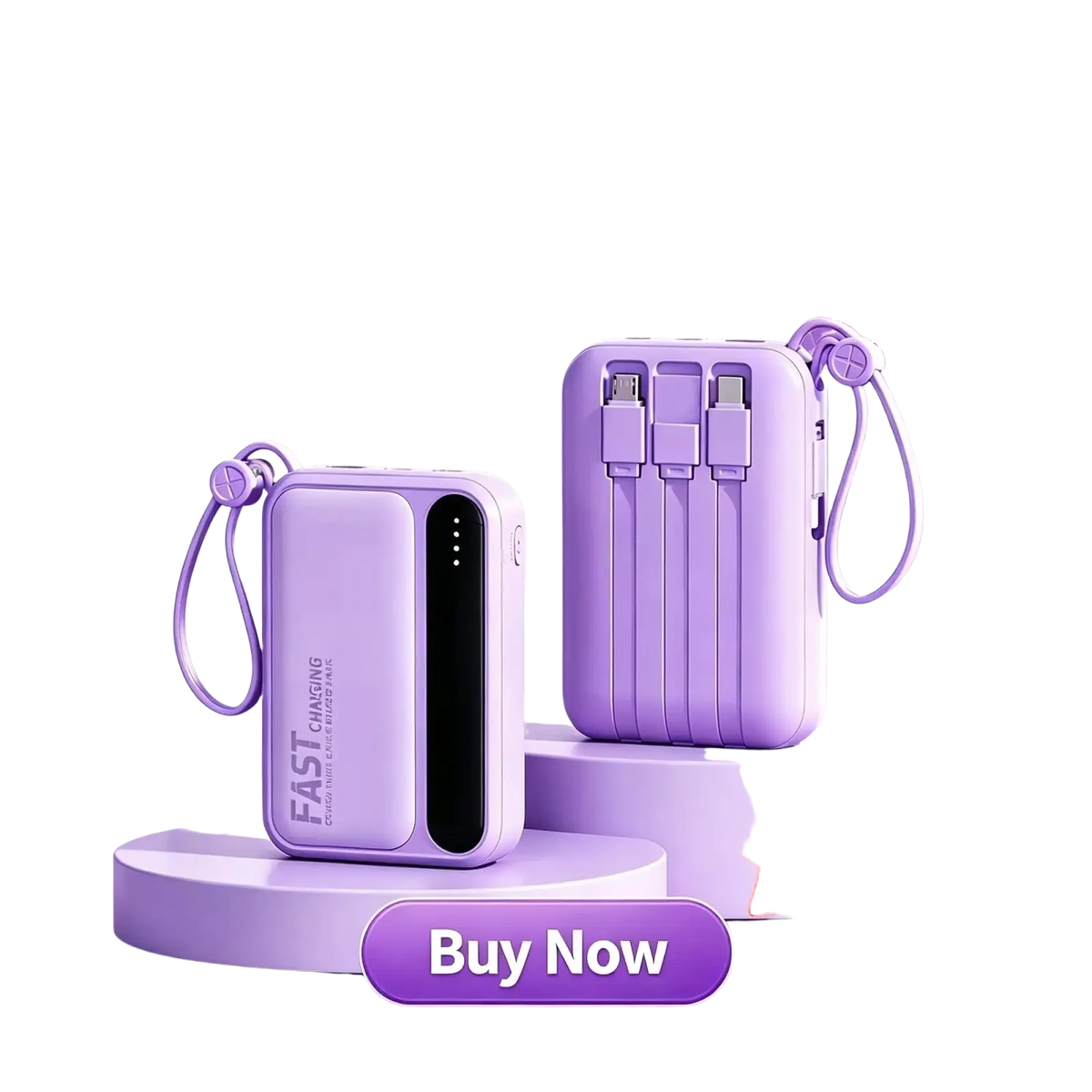 Purple OnePlus power bank with 30000mAh capacity, built-in four cables, LED display, and fast charging features