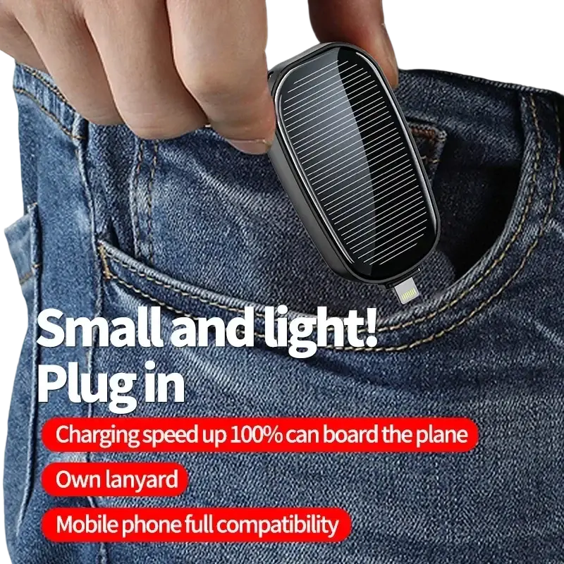 Black portable solar power bank key ring charger with sleek rectangular design and integrated lanyard 1200mAh capacity