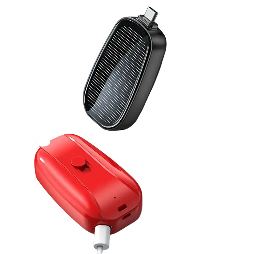 Black and red power bank key ring portable charger with usb-c ports solar-powered 1200mah capacity