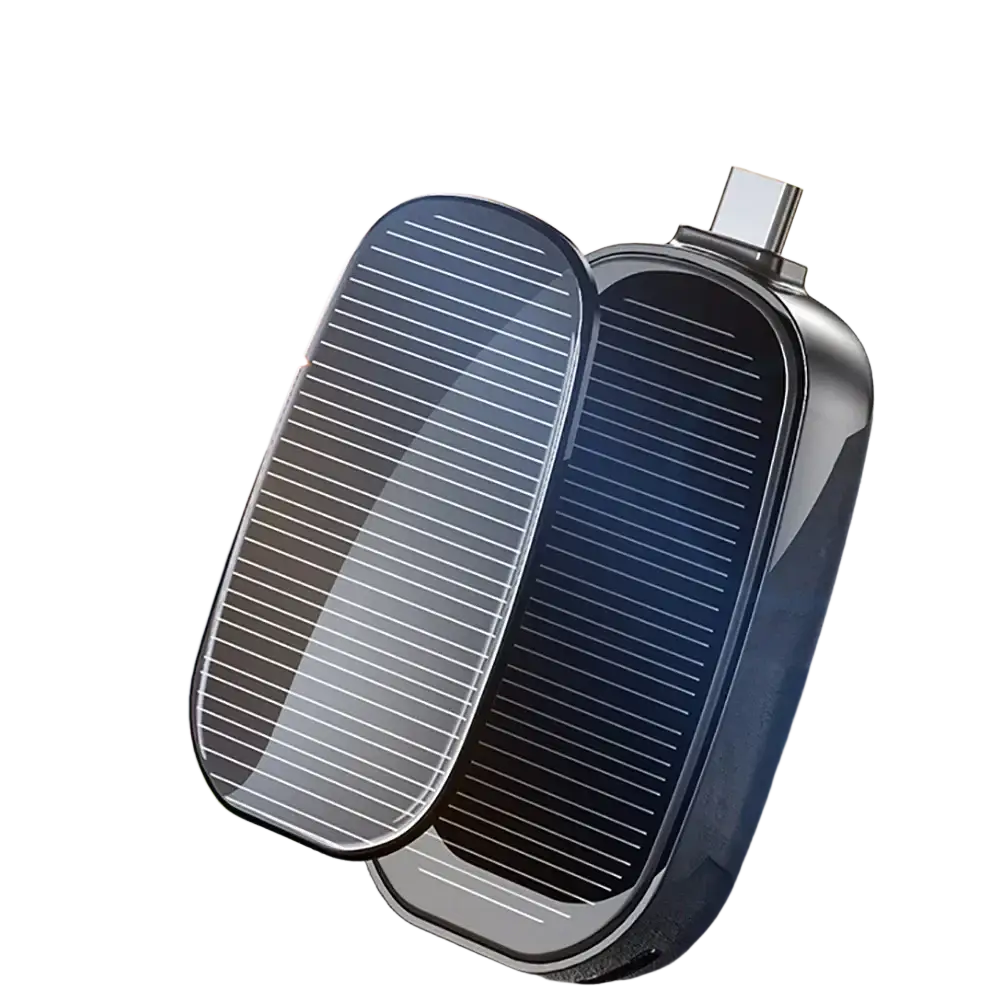 Black and silver power bank key ring portable charger with solar panel and integrated usb-c port compact design