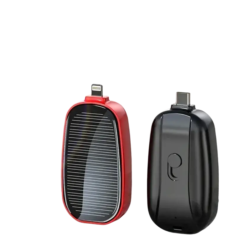 Red and black solar-powered power bank key ring portable charger with lightning and type-c connectors 1200mah capacity