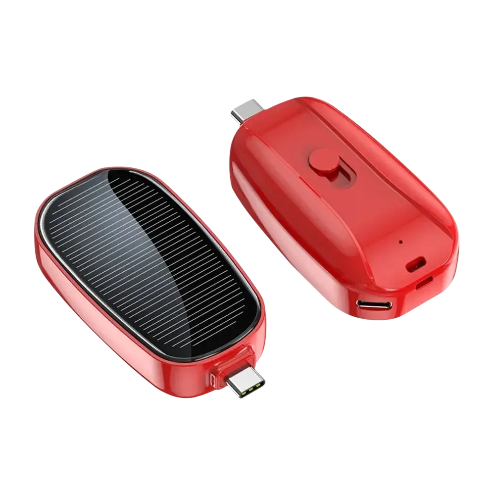Red solar-powered power bank key ring portable charger with glossy finish and visible usb-c ports 1200mah capacity