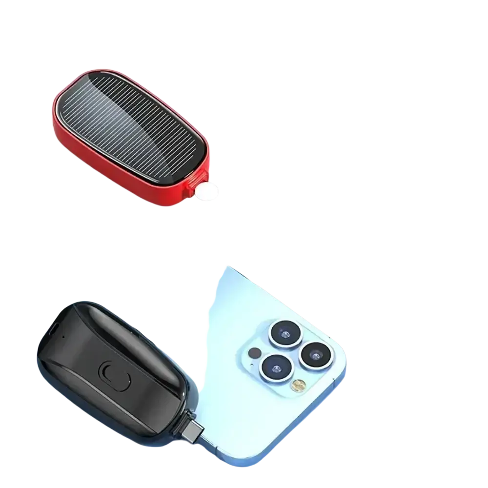 Red solar-powered power bank key ring with black panel and white usb port portable charger 1200mah compact design