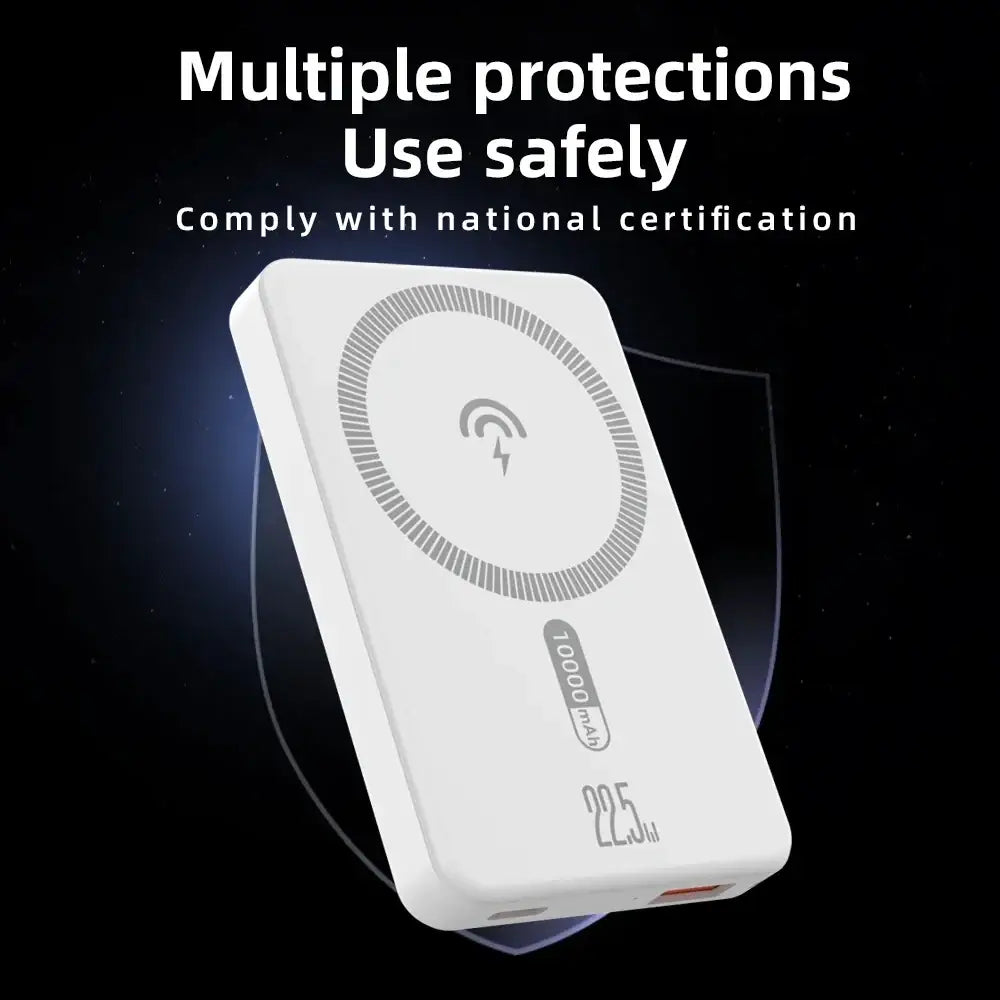 White rectangular power bank wireless charger with 10000mah capacity and circular charging symbol for magnetic use