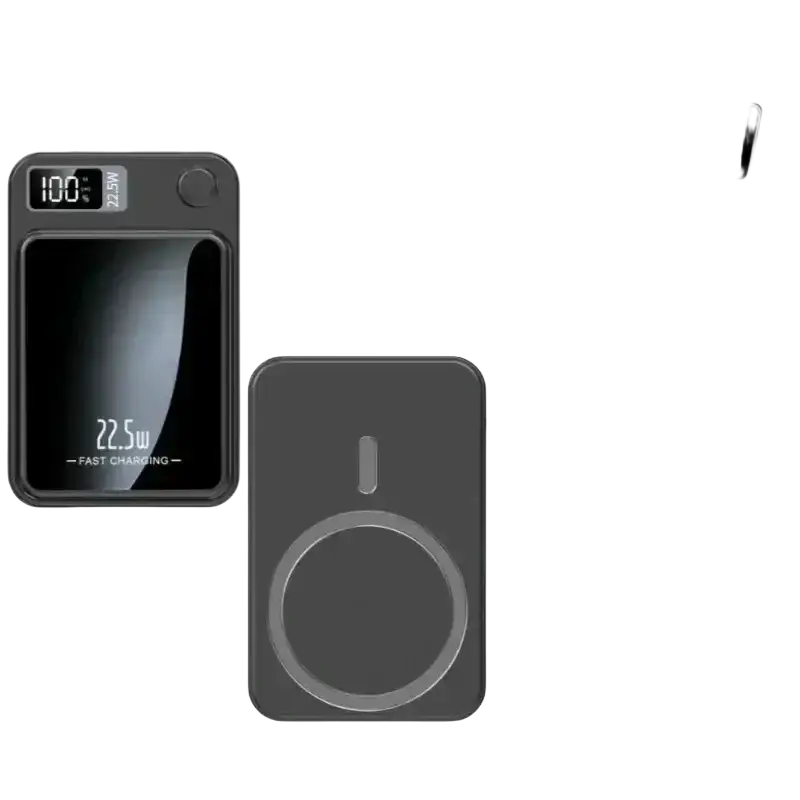 Black magnetic wireless power bank with 50000mah battery, 22.5w quick charge, digital display, and circular induction coil