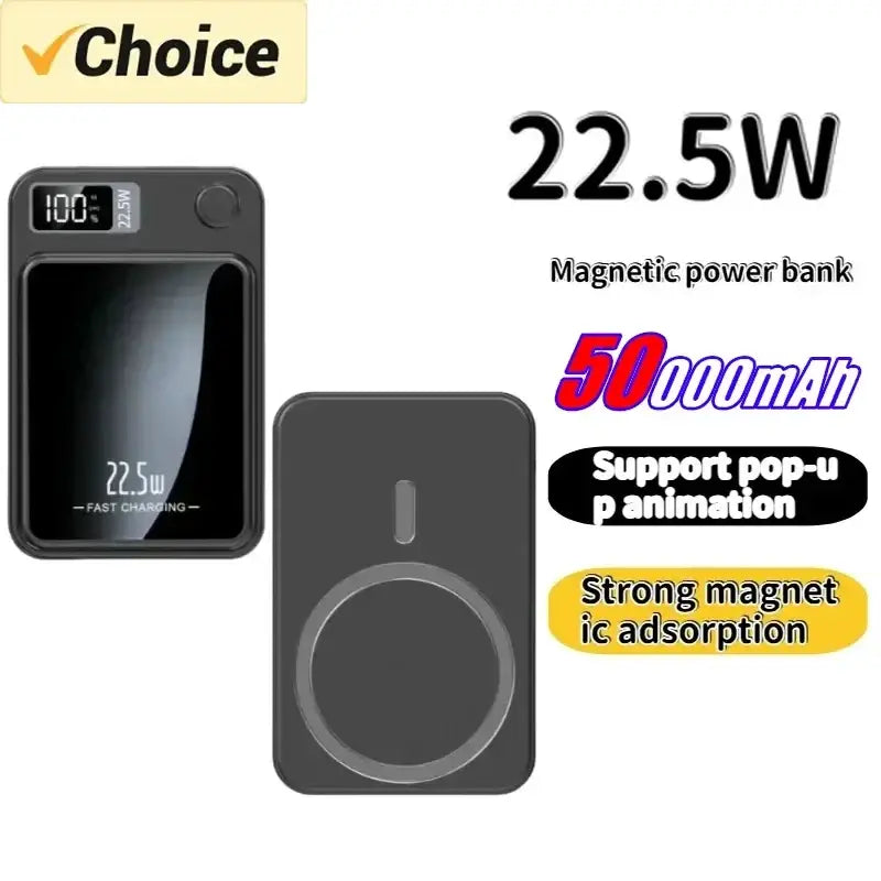 Black magnetic power bank with 22.5w fast quick charge and integrated circular magnet for secure attachment