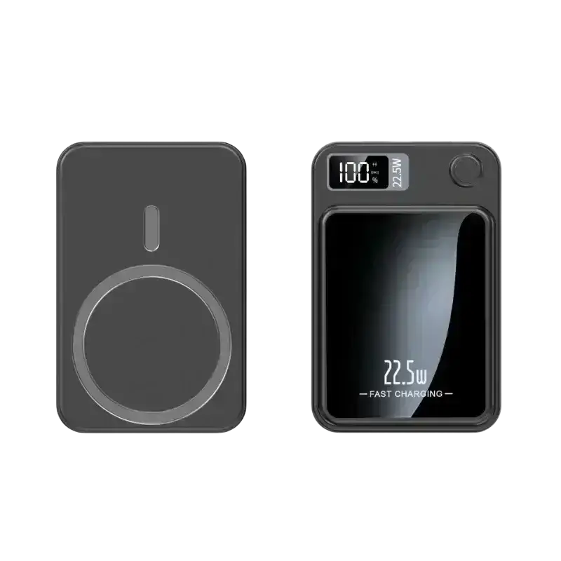 Black rectangular power bank with magnetic wireless quick charge pad digital display showing 100 battery 22.5w fast charging