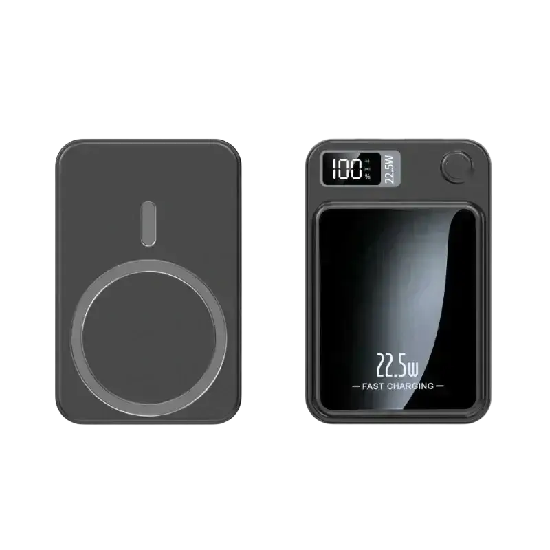 Black rectangular power bank with magnetic charging pad and digital display showing 100 percent charge and 22.5w quick charge