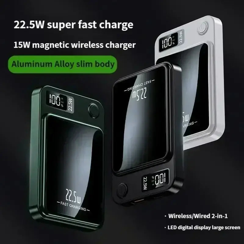 Power bank magnetic wireless quick charge 50000mah aluminum alloy slim chargers in black and white with 22.5w quick charge display