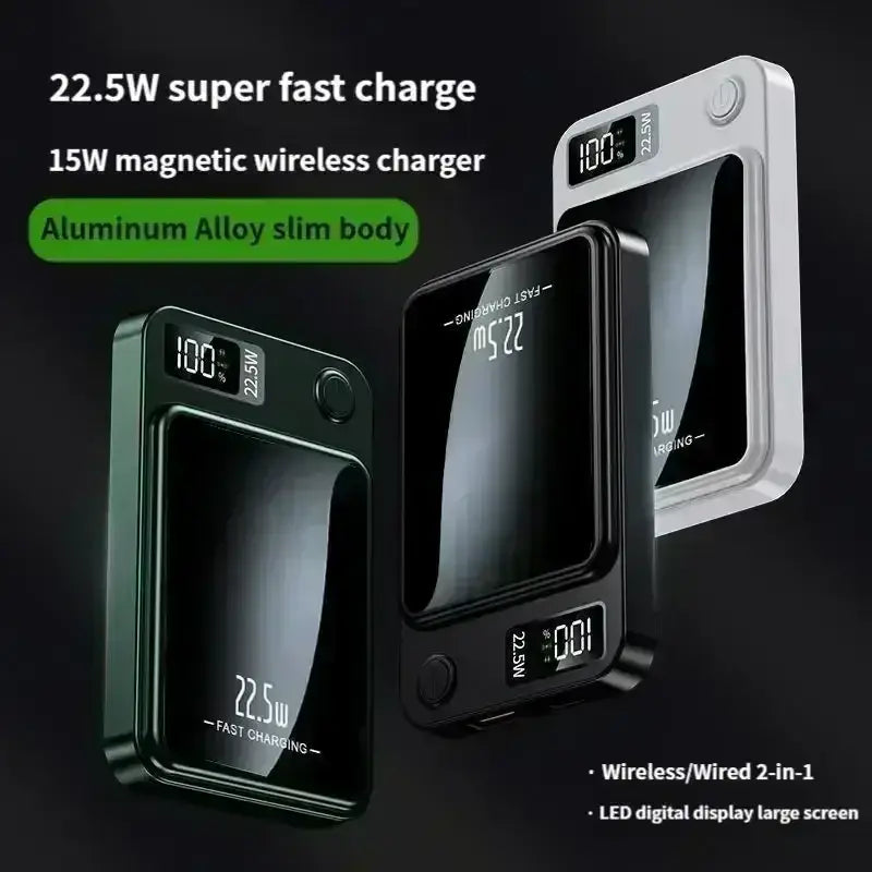 Black and white aluminum alloy slim power bank with magnetic wireless quick charge and led display showing 22.5w fast charging