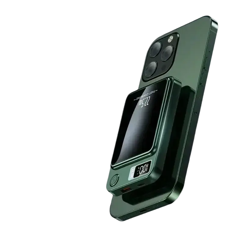 Dark green ultra-thin aluminum alloy power bank with magnetic wireless quick charge and led digital display