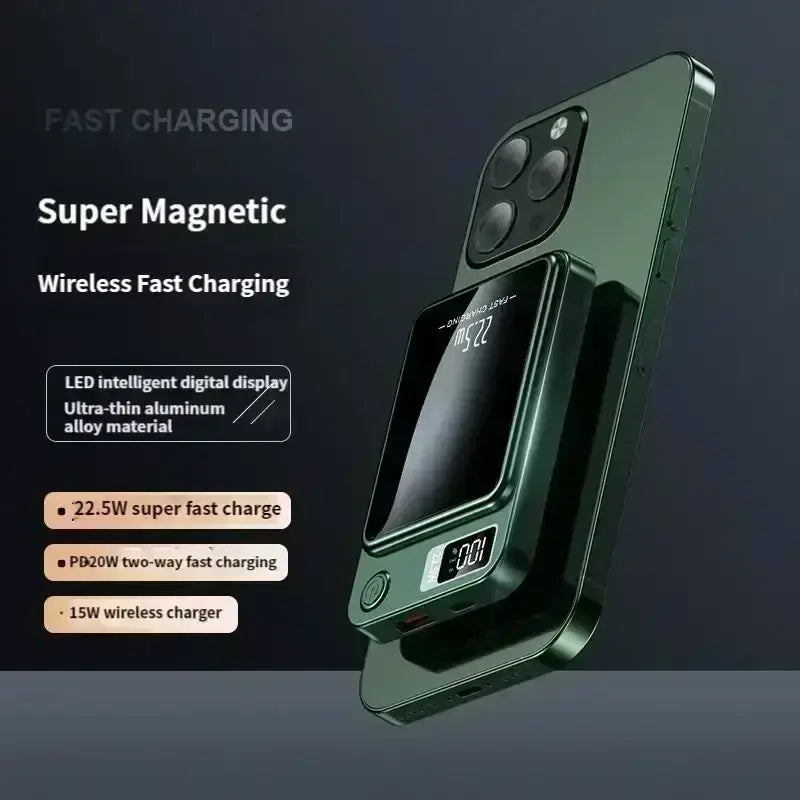 Dark green ultra-thin aluminum alloy power bank with led digital display magnetic wireless quick charge for iphone