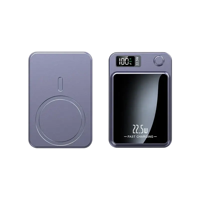 A sleek matte purple power bank with magnetic wireless quick charge and digital display showing 100 percent battery