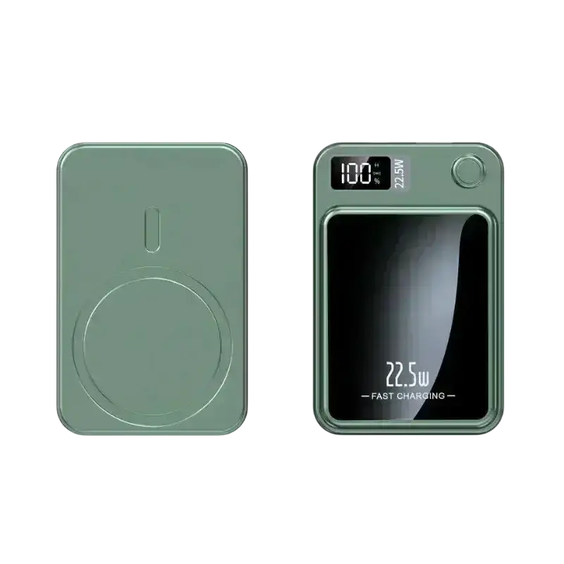 A sleek matte sage green power bank magnetic wireless quick charge with digital display showing 100 charge capacity