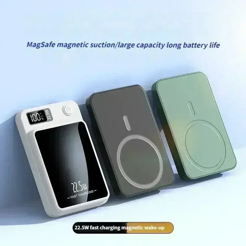 Three rectangular power bank magnetic wireless quick charge chargers in white black and green matte finishes with magsafe