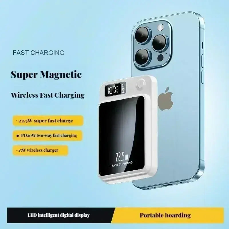 White rectangular power bank magnetic wireless quick charge 50000mah with digital display showing 100 battery and 22.5w charging power