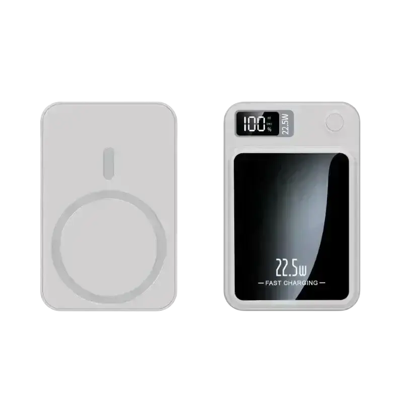 White rectangular power bank with digital display showing 100 percent charge and 22.5w quick charge magnetic wireless feature