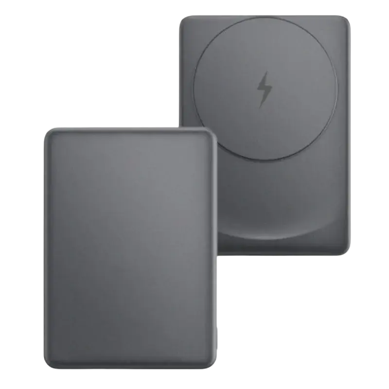 Dark gray wireless charging pad with circular area and lightning bolt emblem for oneplus phone large capacity power bank 5000mah