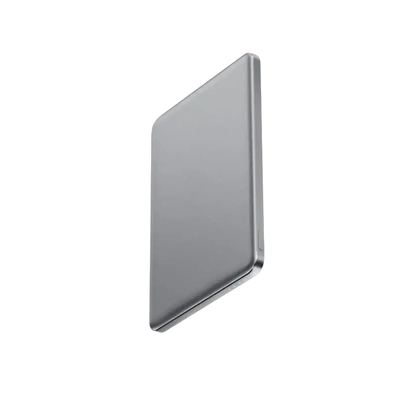 A sleek gray metallic power bank with rounded edges featuring oneplus phone large capacity 5000mah battery