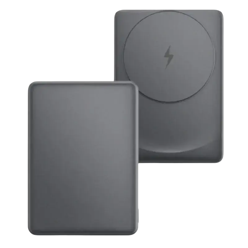 Gray wireless charging power bank for oneplus phone with large capacity and subtle lightning bolt emblem