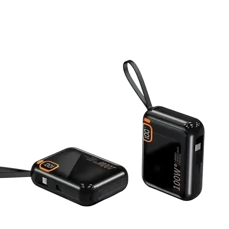 Black 100w quick charge power bank with orange accents, built-in cable, and wrist strap for portable charging convenience