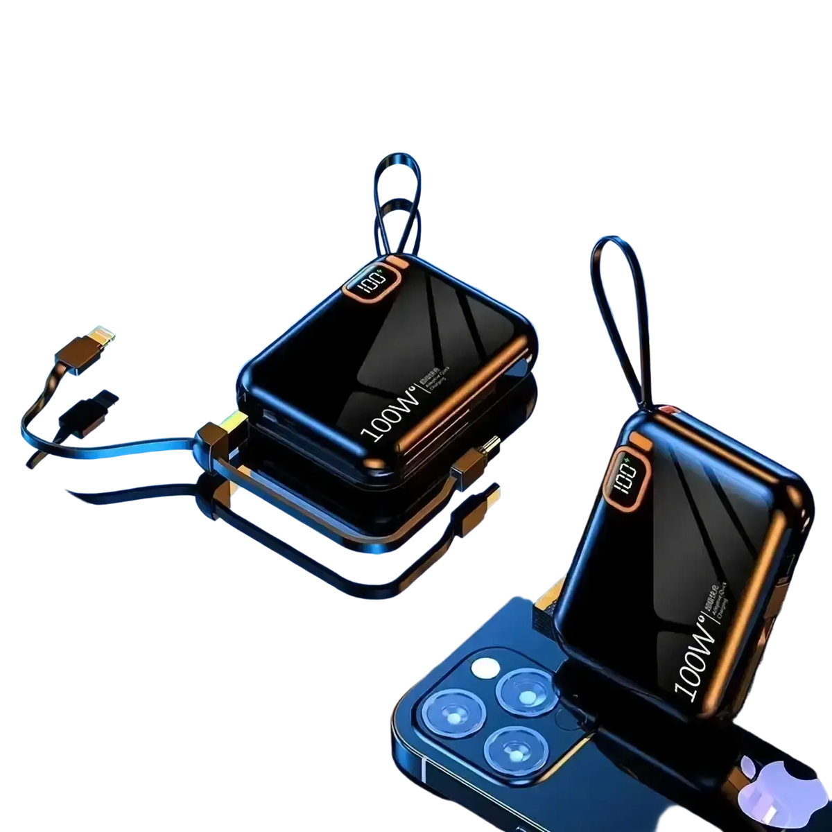 Black and blue 100w portable power bank with glossy finish gold accents built-in cable quick charge 20000mah capacity