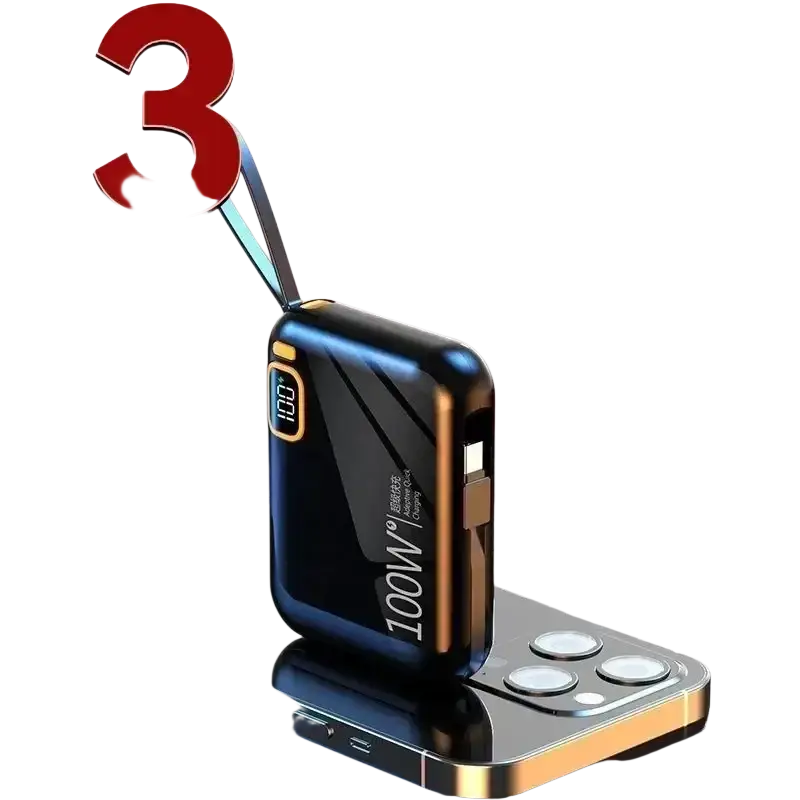 Black and gold 100w quick charge power bank with built-in cable and digital display in a sleek rectangular design