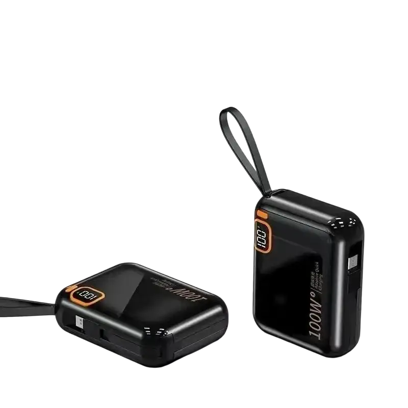 Black rectangular power bank quick charge 20000mah with orange accents and wrist strap built-in cable portable charger