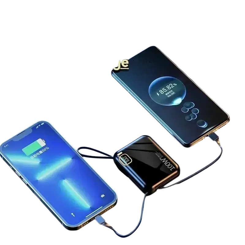 Black rectangular power bank with gold trim glossy finish and 100w branding featuring quick charge and built-in cable
