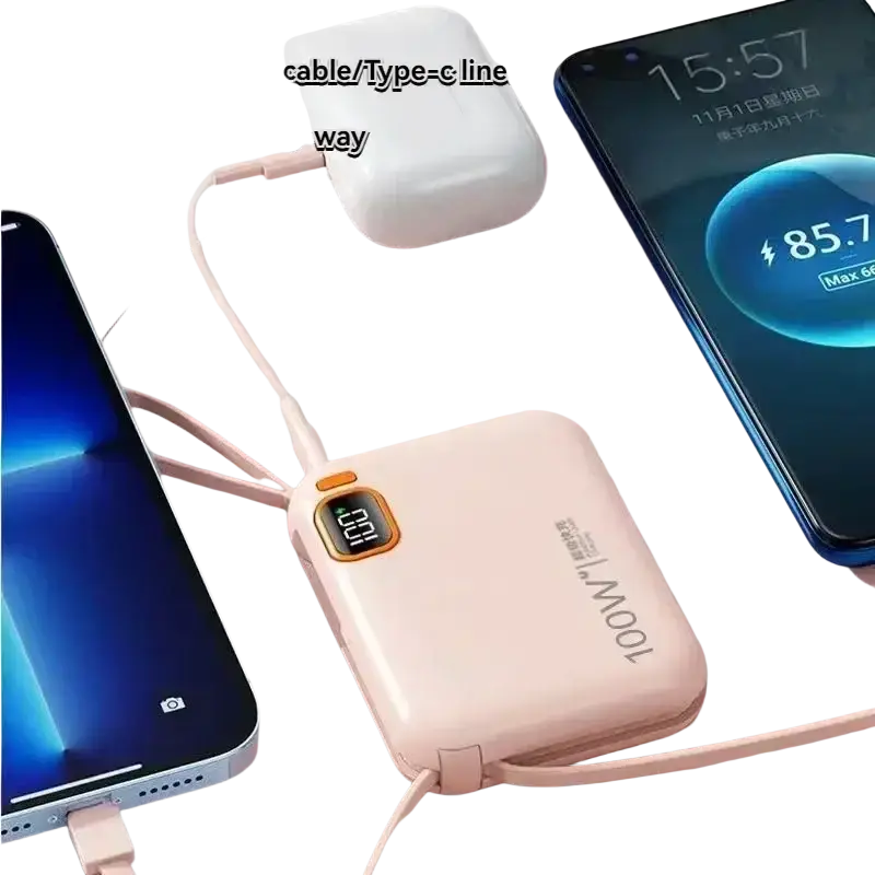 A blush pink mool power bank with quick charge 20000mah, built-in cable, digital display, and wrist strap