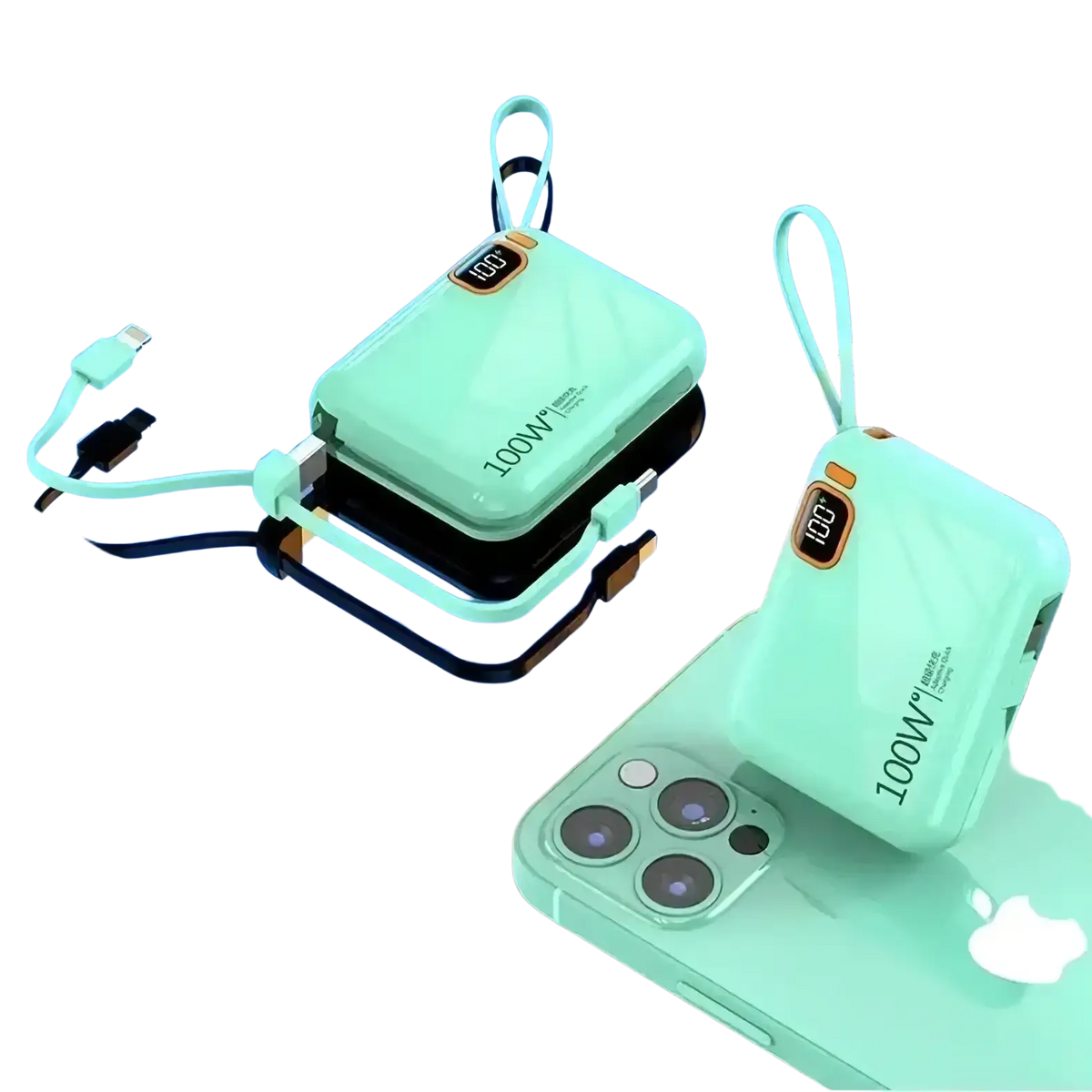 Mint green quick charge power bank with built-in usb-c cable and wrist strap for convenient portable charging