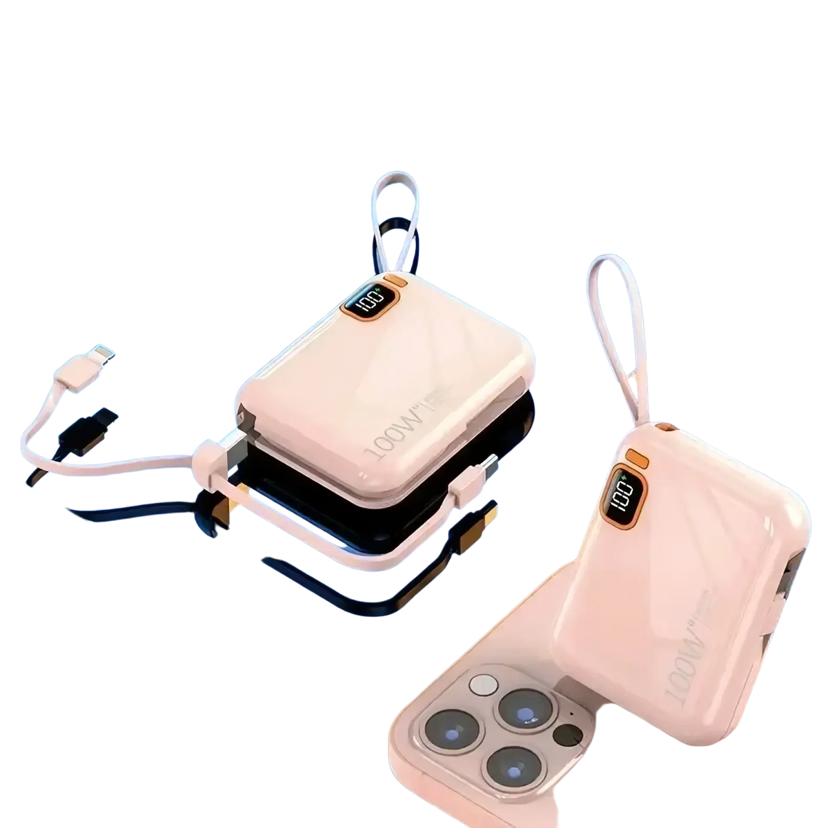 White 100w quick charge power bank with 20000mah capacity built-in cable digital display and carrying loop
